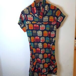 Owl Print Tenki Quirky Rare Dress Cotton Blend Y2K 60's